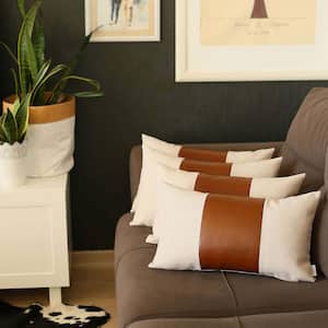 Boho-Chic Handcrafted Vegan Faux Leather Ivory and Brown 12 in. x 20 in. Lumbar Solid Throw Pillow Cover Set of 4