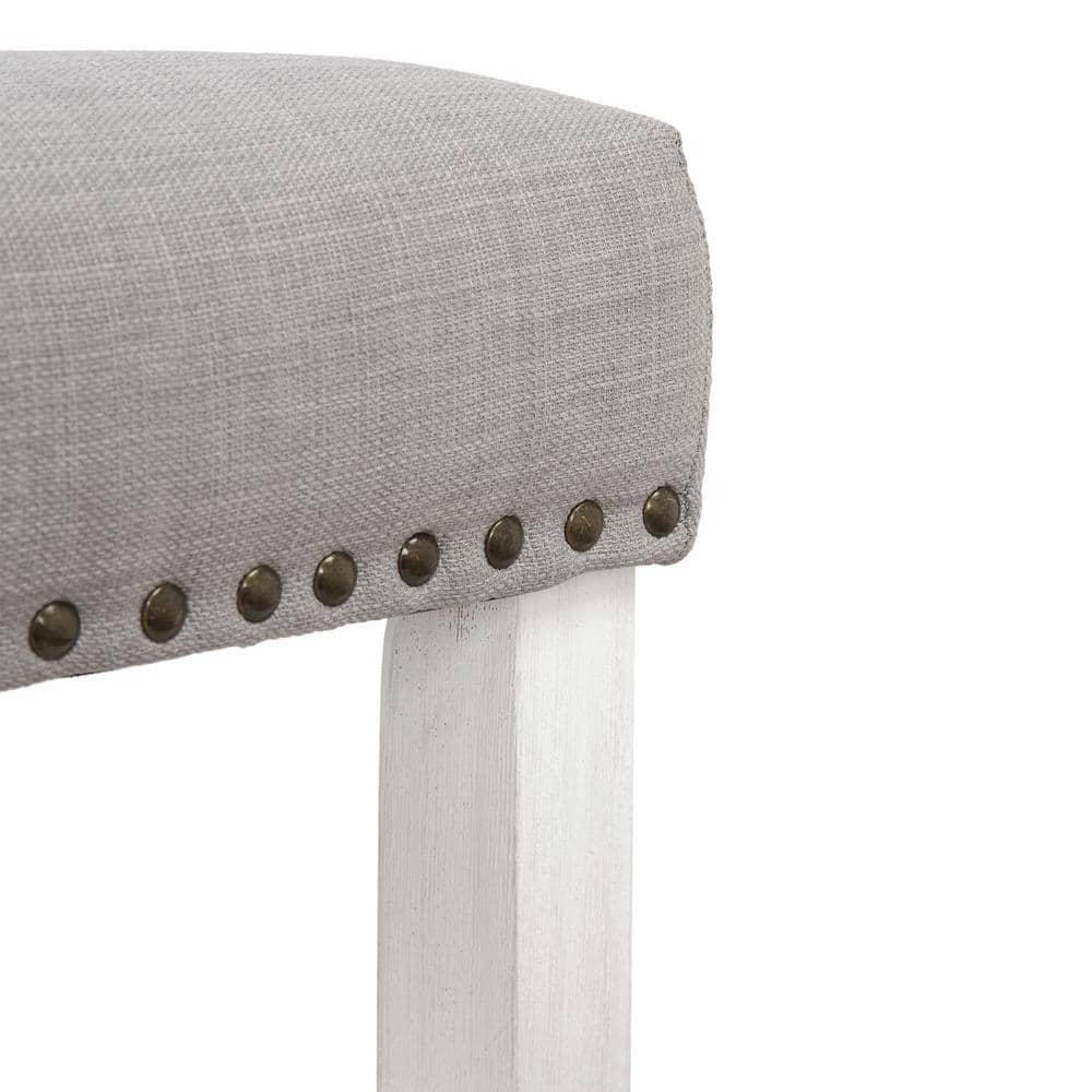 29" Antique White and Gray Upholstered Saddle Seat Counter Stool