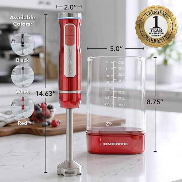 OVENTE Immersion Blender Red Stainless Steel Blades 200-Watt