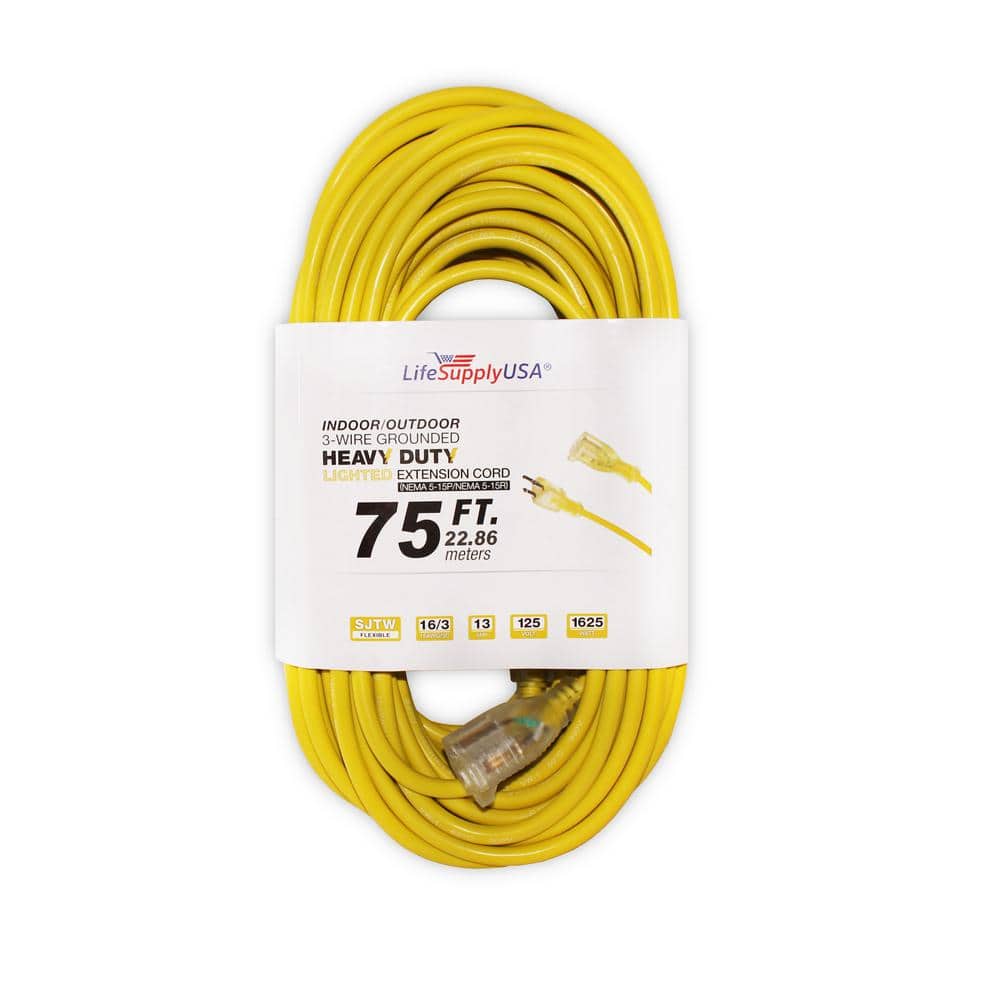 LifeSupplyUSA 16/3 75 ft. SJT 13 Amp, 125-Volt 1625-Watt Lighted End Indoor/Outdoor  Heavy-Duty Extension Cord (10-Pack) 1016375FT The Home Depot