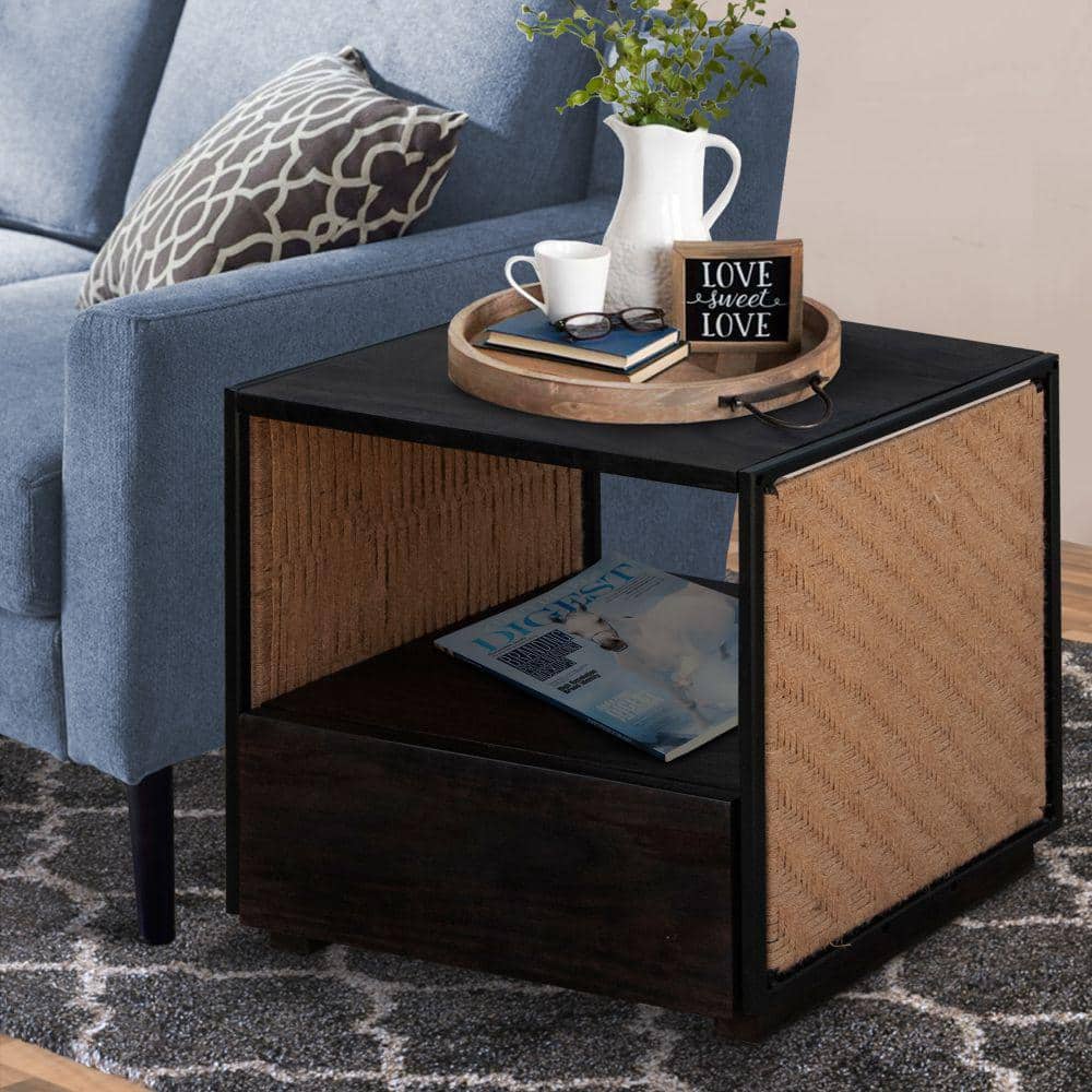 Cottage Charm Acacia Wood & Woven Jute Nightstand - Brown/Black