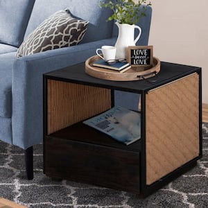 1-Drawer Brown and Black Acacia Wood Side Table Nightstand w/ Woven Jute Side Panels(17.7 in. L x 19.7 in. W x 21 in. H)
