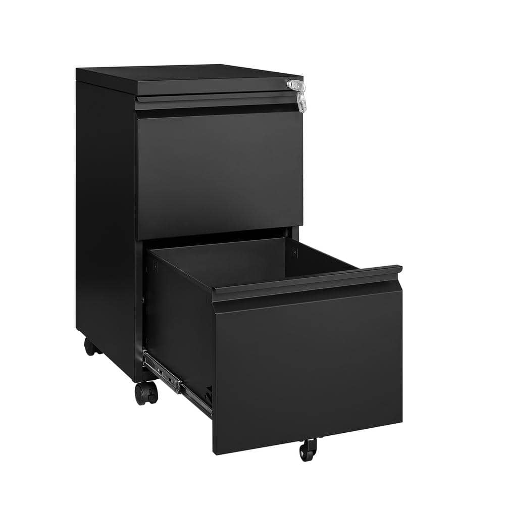 Black Steel 2-Drawer Mobile Lockable Filing Cabinet with Wheels