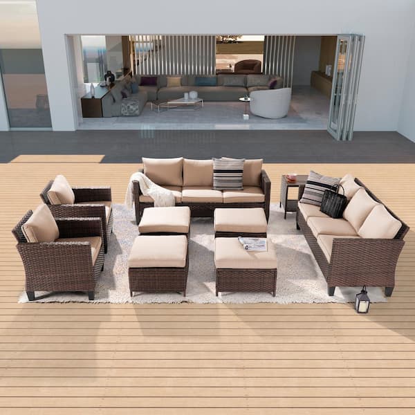 Sonkuki 9-Piece Patio Sofa Set Brown Wicker Outdoor Furniture Set with Side Table, Sand