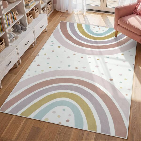 Rainbow Polka Dot Washable Non-Slip Gray 4 ft. x 6 ft. Kid Area Rug