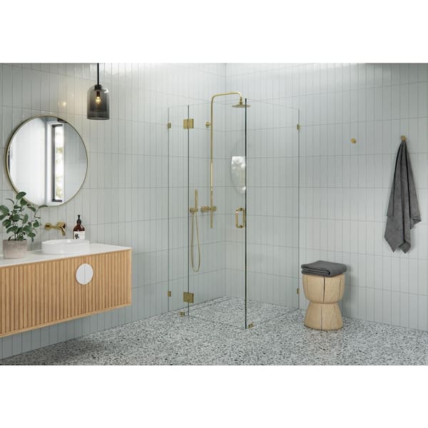 Glass Warehouse 38 in. W x 39 in. D x 78 in. H Pivot Frameless Corner Shower Enclosure in Polished Brass Finish with Clear Glass