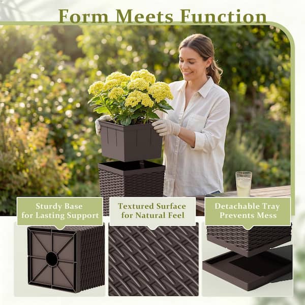 Tozey Rattan Texture Brown Outdoor Resin Tapered Planter Set with