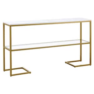 Errol 55 in. Gold Rectangle Faux Marble Console Table with Storage