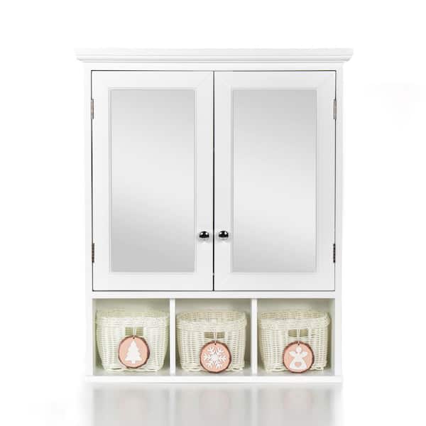 7.50 in. W x 24.75 in. D x 30.25 in. H Bathroom Storage Wall Cabinet in White with 2 Mirror Doors and 3 Storage Basket