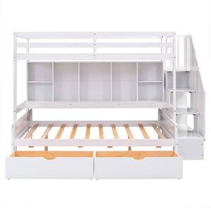 White Wood Twin XL Over Full Bunk Bed with Built-in Storage Shelves, Drawers And Staircase