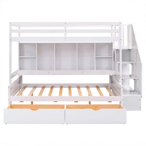 Angel Sar White Wood Twin XL Over Full Bunk Bed with Built-in Storage Shelves, Drawers And Staircase