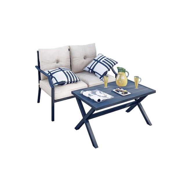 TOP HOME SPACE 2-Piece Metal Patio Conversation Set with Beige Cushions