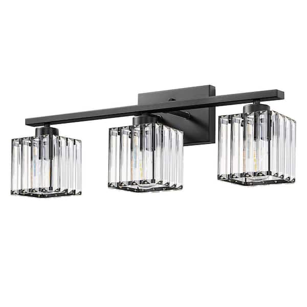 24 in. 3-Light Black Vanity Light with square crystal glass shades