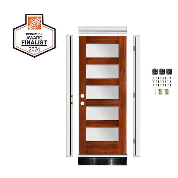36 in. x 80 in. Modern Hemlock 5-Lite Right-Hand Frosted Glass Red Chestnut Stain Wood Front Door w/ Jamb Kit