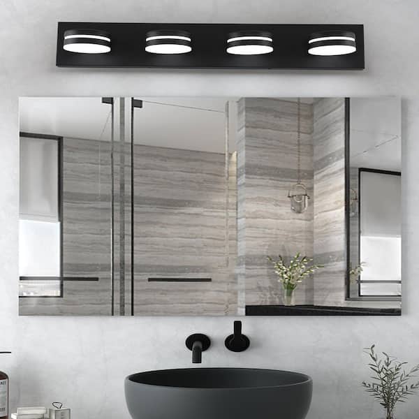 30 in. 4 Light Black LED Vanity Light Bar with Dimmable 5500K Light and 270° Swivel Range Acrylic Lampshade