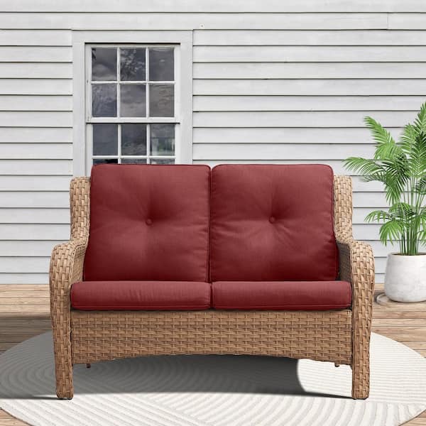 moosprr Yellow PE Wicker Outdoor Loveseat with Red Cushions and Curved Armrests