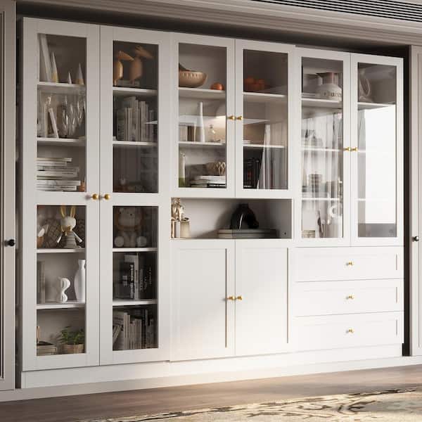 3-in-1 White Wood 70.9 in. H Accent Storage Cabinet Combination Bookcase with Glass Doors, Shelves