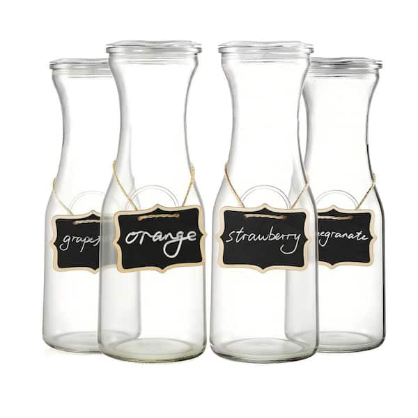 Classic 35 fl. oz. Clear Glass Beverage Carafe with Acrylic Lids & Wooden Tags, Pitcher for Bar, Brunch, Juice (4-Pack)