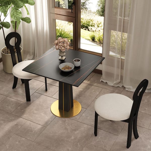 33 in. Modern Square Black Sintered Stone Tabletop Dining Table with Solid Wood Pedestal (Seat 2)