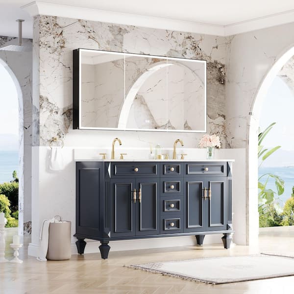 Artwood 60 in. Double Sink Solid Wood Navy Blue Vanity with Carrera White Top and LED Medicine Cabinet Assembled, Combo