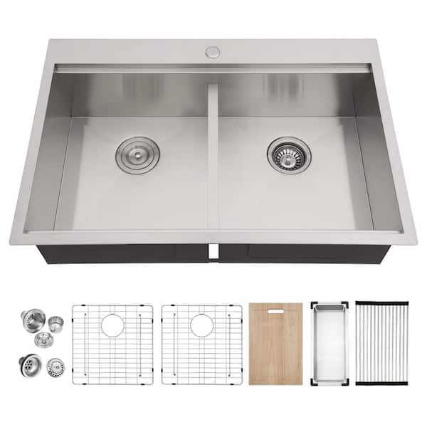 33 in. Drop-in Low Divide Double Bowl 50/50 Stainless Steel 16-Guage Workstation Kitchen Sink with Accessories