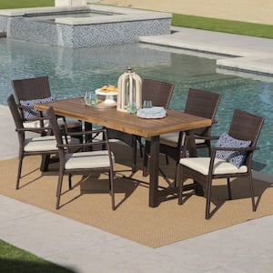 7-Piece Faux Rattan, Wood and Iron Rectangular Outdoor Patio Dining Set with Cream Cushion