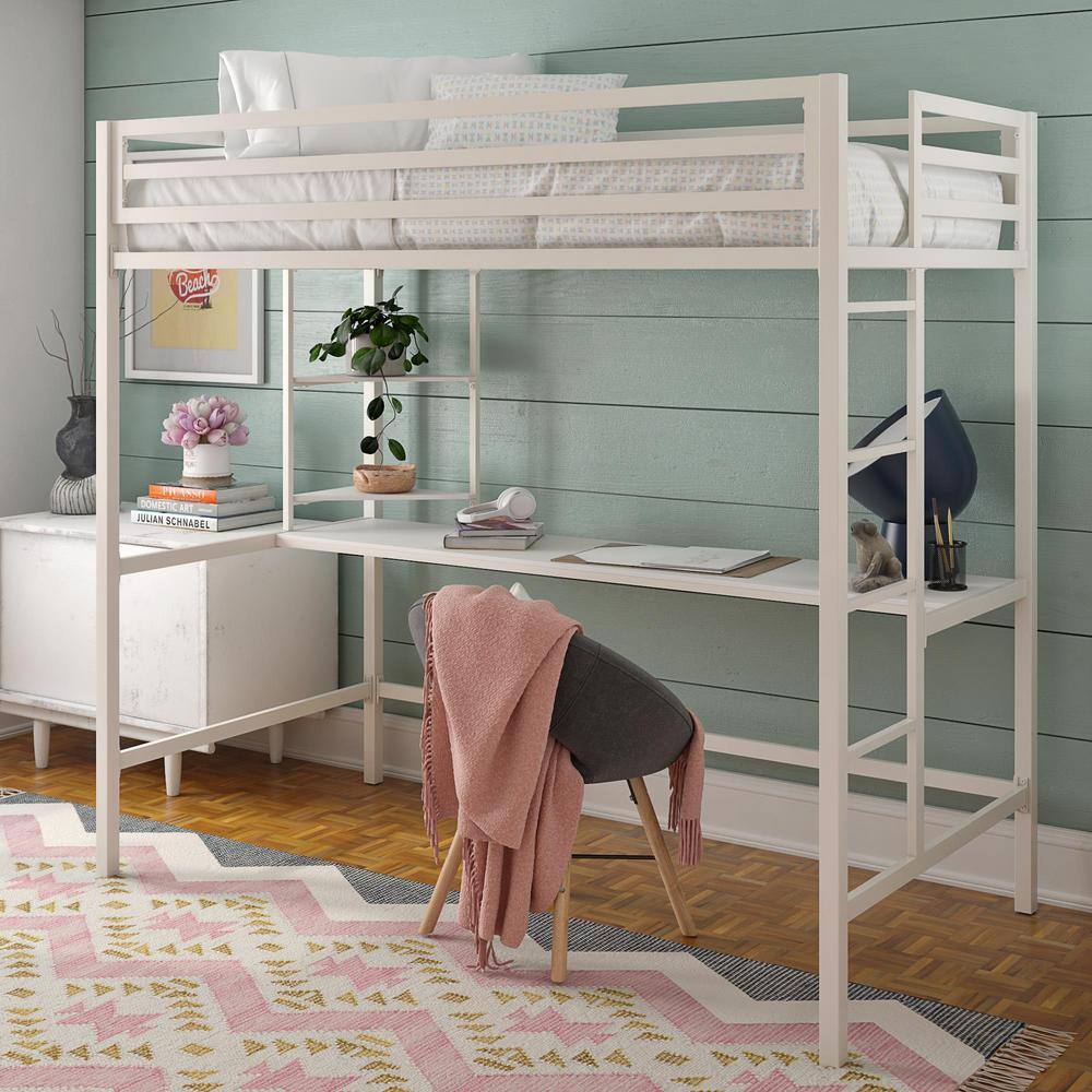 Off-White Twin Metal Loft Bed with Desk and Shelves
