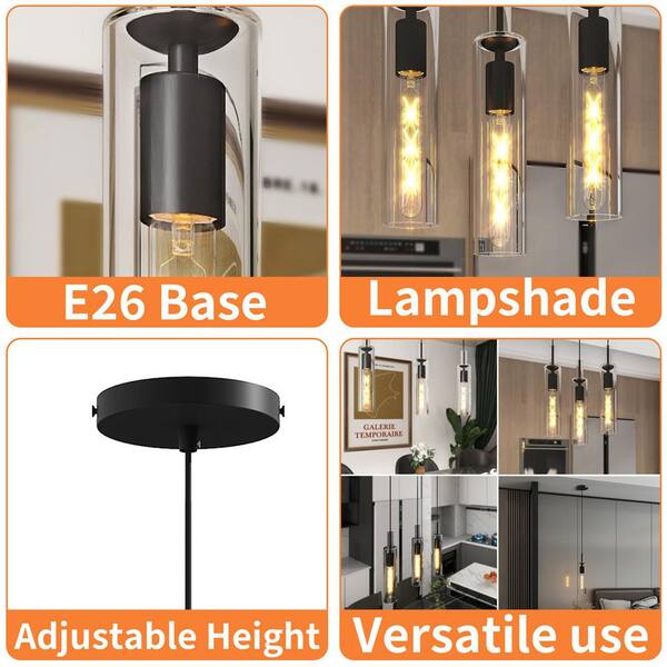 Modern Black Glass 1-Light Pendant Lights, Adjustable Ceiling Fixtures for Kitchen Island, No Bulbs, 3 Pack