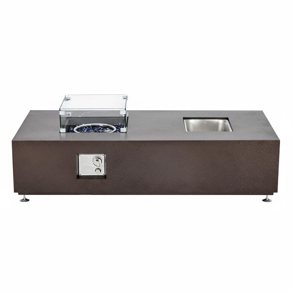 56 in. 3-in-1 Bronze Rectangular Propane Fire Pit Table with Stainless Steel Ice Bucket, Glass Wind Guard and Rain Cover