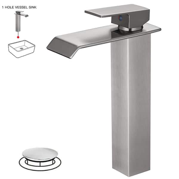 Single Hole Single Handle Bathroom Vessel Sink Faucet with Pop Up Drain without Overflow in Brushed Nickel