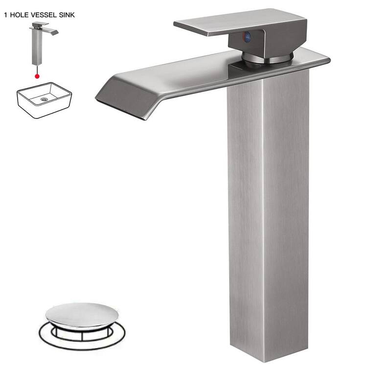 HOMEMYSTIQUE Single Handle Waterfall Vessel Sink Faucet with Drain Kit Included in Brushed Nickel