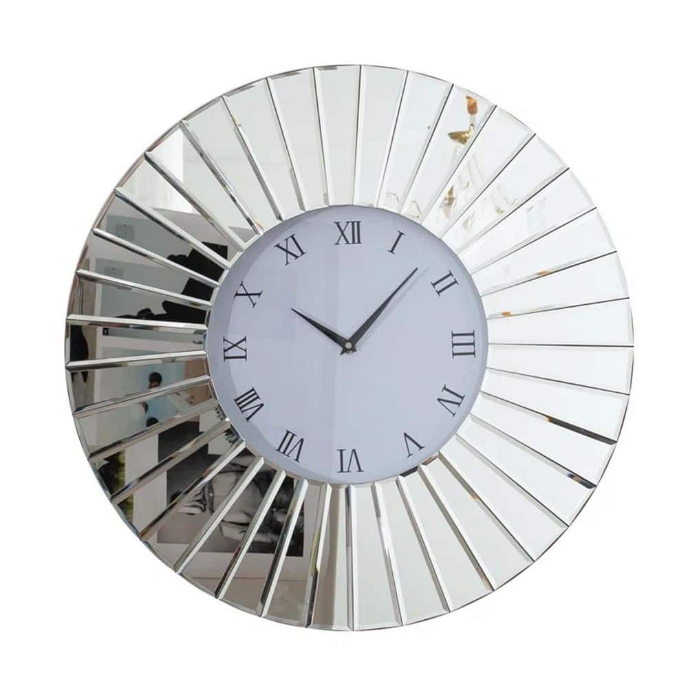 31.5 in. W x 31.5 in. H Round Metal Framed Silver Mirror Wall Clock for Liv