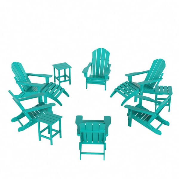 WESTIN OUTDOOR Addison Turquoise 12-Piece HDPE Plastic Folding Adirondack Chair Patio Conversation Seating Set with Ottoman and Table