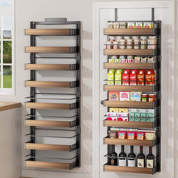8-Tier Black Over The Door Pantry Organizer, Wall Mount or Hanging Spice Rack with Adjustable Basket for Kitchen