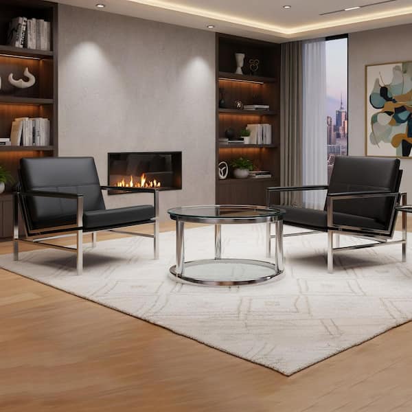 Atlas Signature Black/Chrome Genuine Leather Accent Arm Chair with Metal Frame