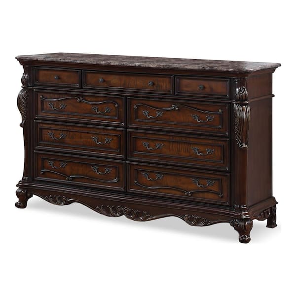 Feliciano Dark Cherry 9-Drawer 70.5 in. Dresser with Marble Top and Carved Details