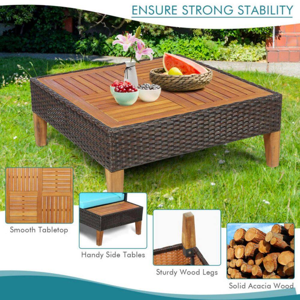 Turquoise Acacia Wood and Rattan 4-Person Patio Conversation Set