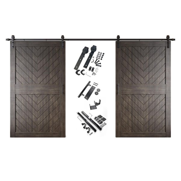 JT3 50 in. x 84 in. C-Panel Ebony Fishbone Design Double Pine Wood Sliding Barn Door with Hardware Kit