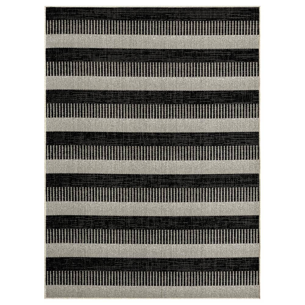 Charlotte Modern Black and Grey Striped Synthetic Indoor/Outdoor Rug