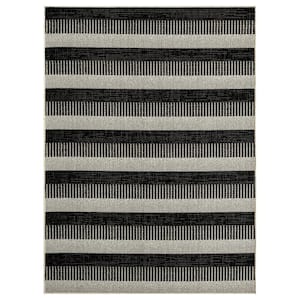 Patio Country Charlotte Black/Grey 5 ft. x 7 ft. Modern Striped Indoor/Outdoor Area Rug
