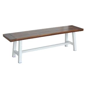 63 in. White Indoor/Outdoor Bench with Acacia Top and Metal Base