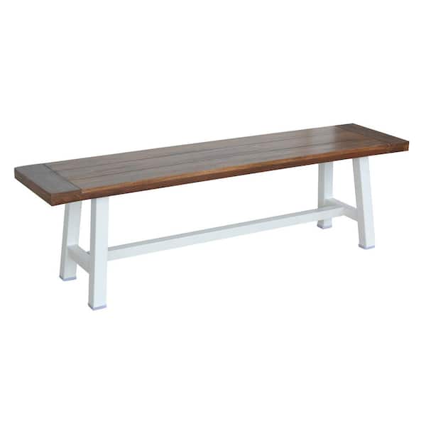 AmeriHome 63 in. White Indoor/Outdoor Bench with Acacia Top and Metal Base