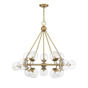 Orion 45 in. W x 37 in. H 15-Light Warm Brass Chandelier with Clear Glass Orb Shades