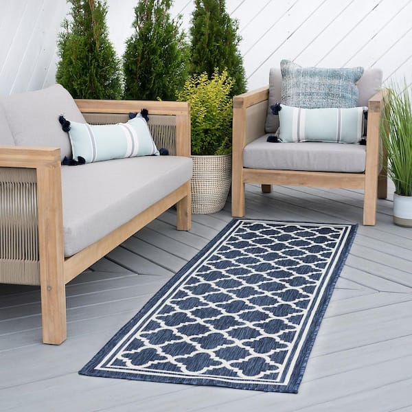 Eco Geometric Navy 3 ft. x 10 ft. Indoor/Outdoor Runner Rug