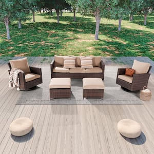 Patio Outdoor Brown 5-Piece Rattan Conversation Seating Set Thickening With Swiveling Rocker, Sand Cushion