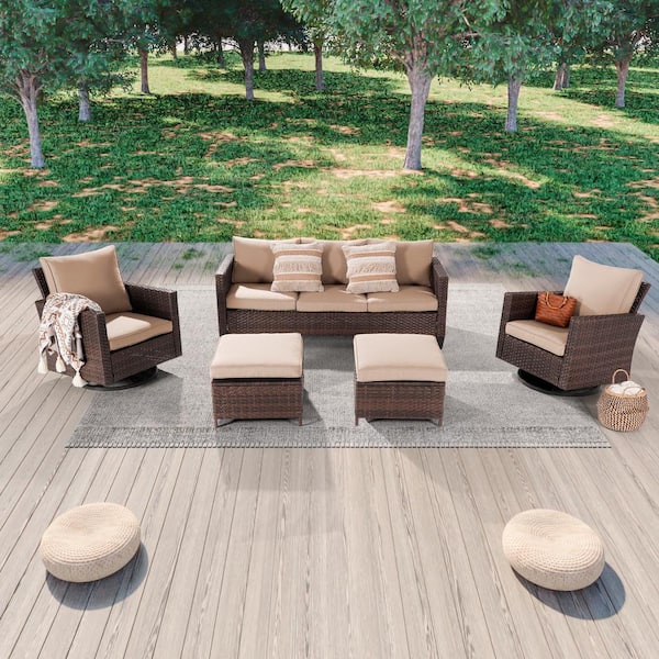 JOYESERY 5-Piece Patio Outdoor Brown Wicker Conversation Seating Set Thickening With Swiveling Rocker, Sand Cushion