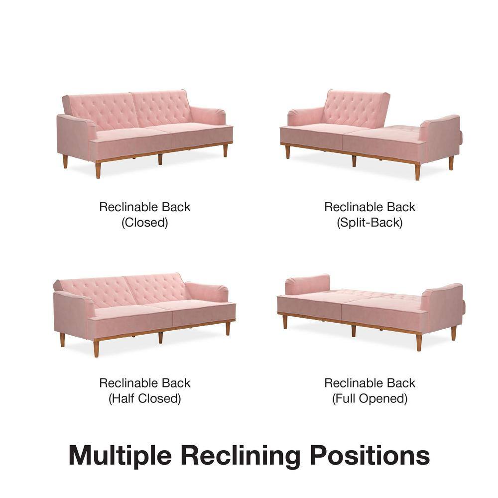 Stella Vintage Pink Velvet Convertible Sofa Bed with Wood Trim