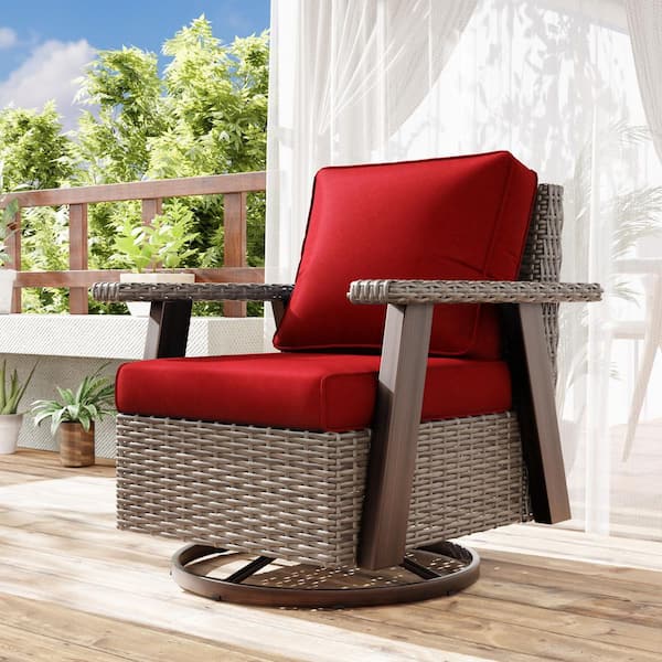 JOYSIDE Wicker Patio Outdoor Rocking Chair Swivel Lounge Chair with Red Cushion