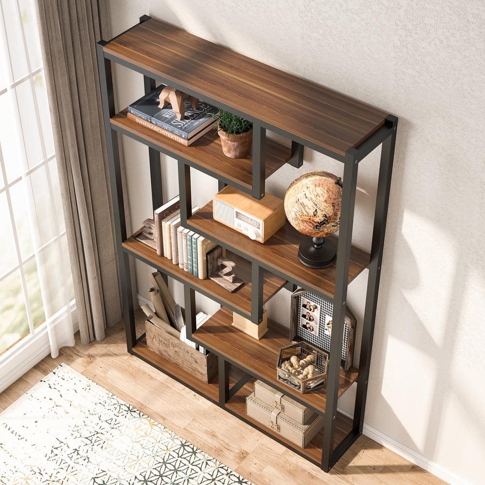 69" Walnut and Black Industrial 6-Tier Bookshelf with Staggered Shelves