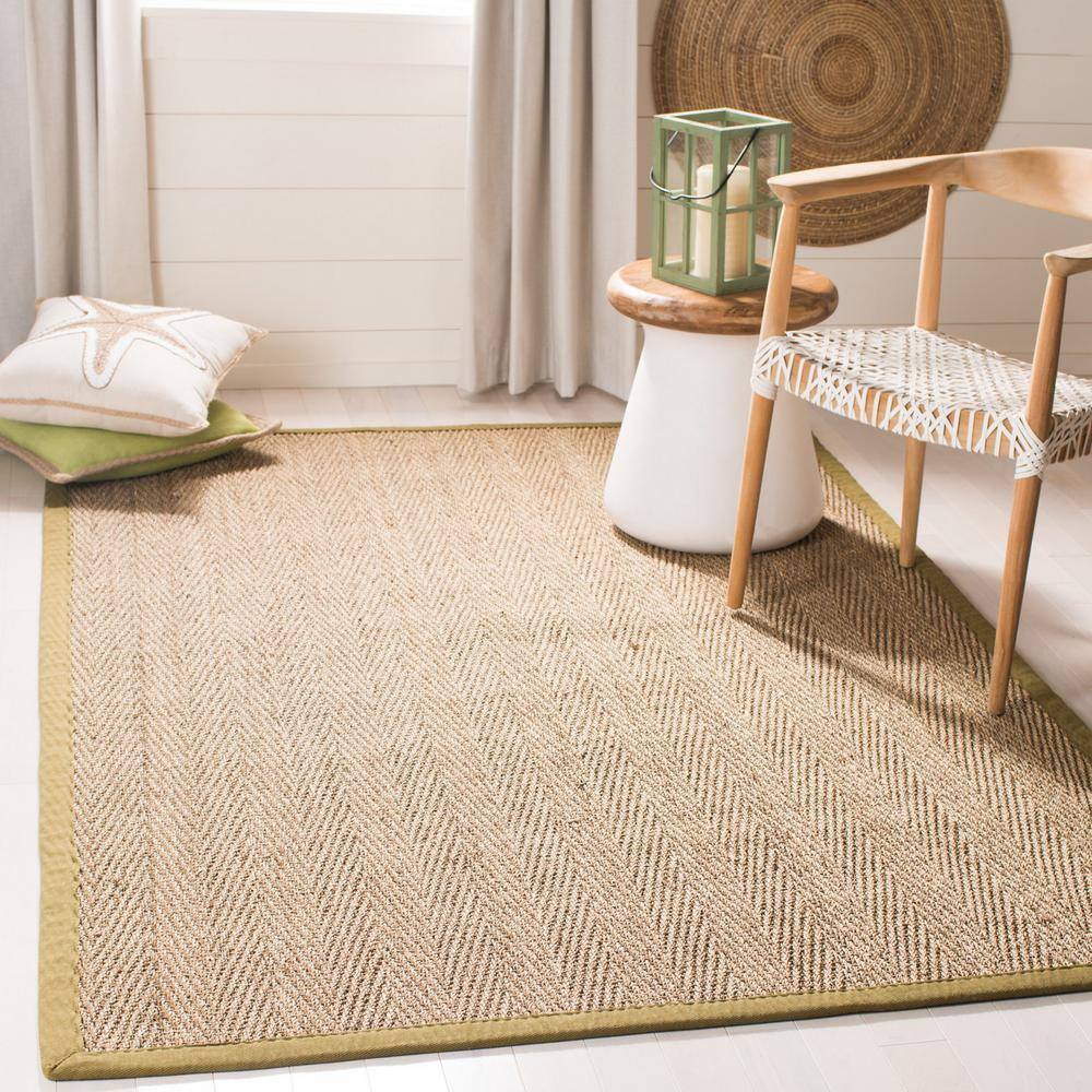 Natural Herringbone Seagrass Area Rug with Olive Border